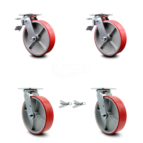 8 Inch Red Poly on Steel Caster Set with Roller Bearings 2 Brake 2 Swivel Lock
